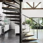 Industrial-kitchen-with-spiral-staircase